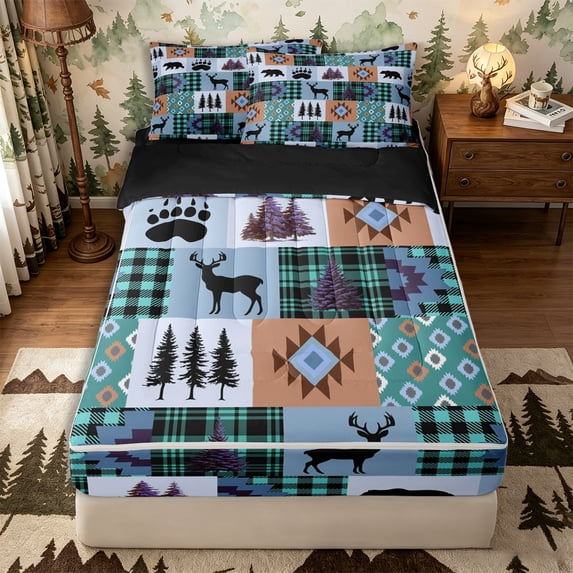 Castle Fairy Wildlife Deer Bear Zipper Queen Comforter Set with Fitted Sheet and 2 Pillowcases,Bohemian Tribal Aztec Zipper Bedding Set,Turquoise Tan Black,Black Reversible,4 Pieces