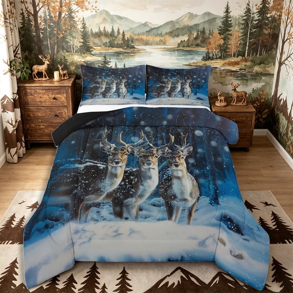 Castle Fairy Wildlife Deer Full Size Comforter Sets 3-Piece,Winter Dark Woodland Bedding Comforter Set,Blue White Brown,Black Reversible,1 Comforter and 2 Pillowcases