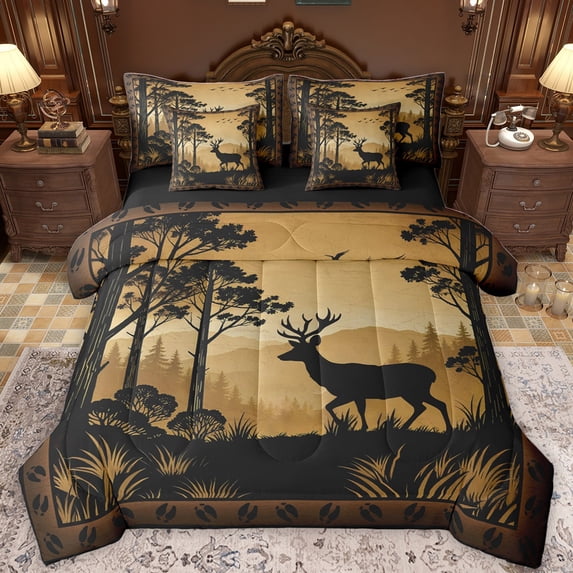 Castle Fairy Wildlife Deer Twin Bedding Sets 7-Piece for Female Men Women,Retro Vintage Bedding Comforter Set Microfiber,Woodland Animal Breathable Sheet Sets,Ultra Soft Home Decor,Reversible