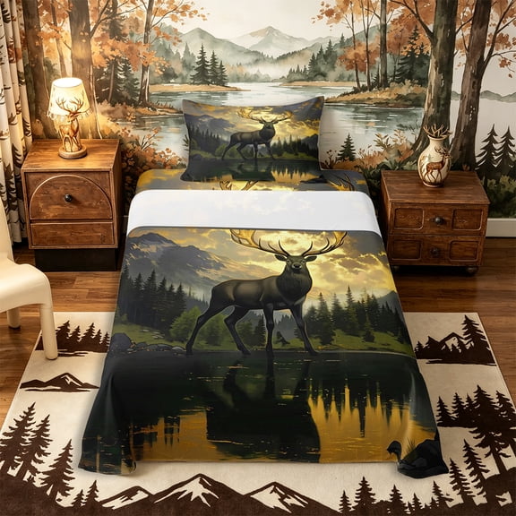 Castle Fairy Wildlife Deer Twin Size Sheets 3pcs,Jungle Lake Sunset Mountain Bedding,Olive Gold,1 Fitted Sheet,1 Flat Sheet and 1 Pillowcase