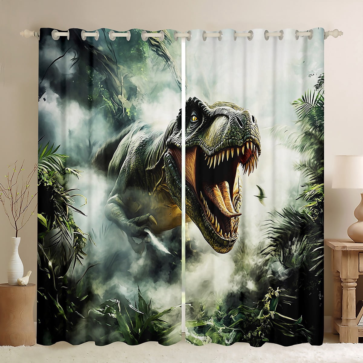 Castle Fairy Wildlife Dinosaur Curtains Pack of 2 (42x84 Each),Jungle Animal Curtains Blackout,Botanical Plants Bedroom Curtains,Microfiber Boys Bedroom Decor