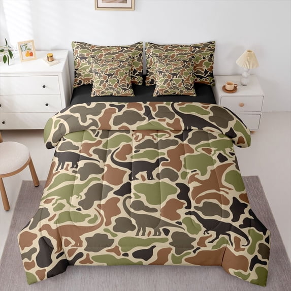 Castle Fairy Wildlife Dinosaurs Bedding Comforter Set,Vintage Camouflage Full Bedding Set