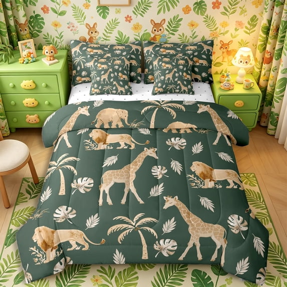 Castle Fairy Wildlife Giraffe Lion Elephant Full Size Bedding Sets 7 Pieces,Tropical Jungle Animal Full Size Bed in a Bag,Dark Sage Cream,Reversible