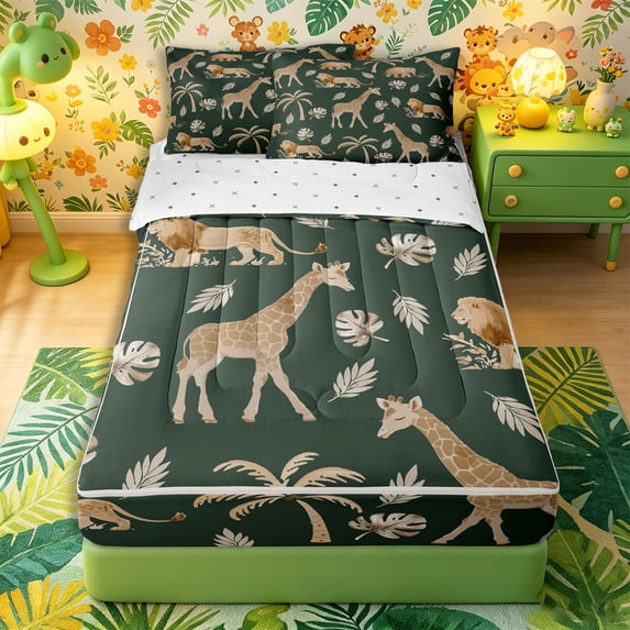 Castle Fairy Wildlife Giraffe Lion Elephant Zipper Queen Comforter Set with Fitted Sheet and 2 Pillowcases,Tropical Jungle Animal Zipper Bedding Set,Dark Sage Cream,Reversible,4 Pieces
