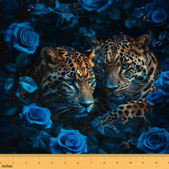 Castle Fairy Wildlife Leopard Fabric by the Yard 1 Yard,Animal Cheetah Home Decor Fabric by the Yard,Blue Rose Room Decor Fabric by the Yard,Lightweight Room Decor