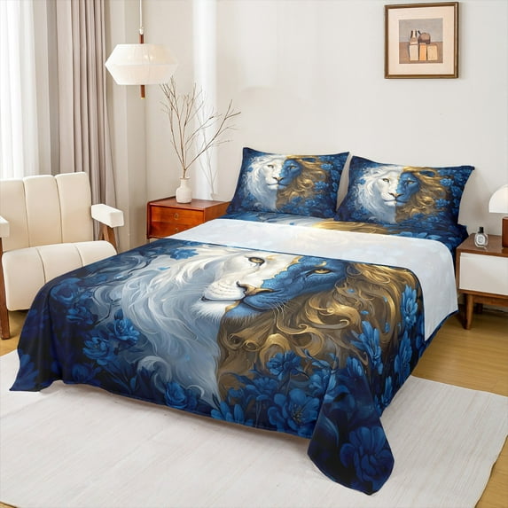 Castle Fairy Wildlife Lion 4Pcs Bed Sheets for Women Teens Men,Floral Animal King Sheets,Chic Flower Super Cozy Sheet Set,Lightweight Room Decor
