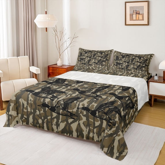 Castle Fairy Wildlife Mallard Duck Bed Sheets,Vintage Abstract Camouflage King Sheets