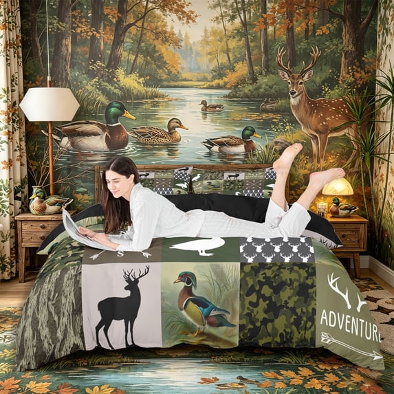 Castle Fairy Wildlife Mallard Duck Deer Duvet Cover Queen,Happy Camping Queen Bedding,Green Tan Cream,Black Reversible,3-Piece,No Comforter,1 Duvet Cover and 2 Pillowcases