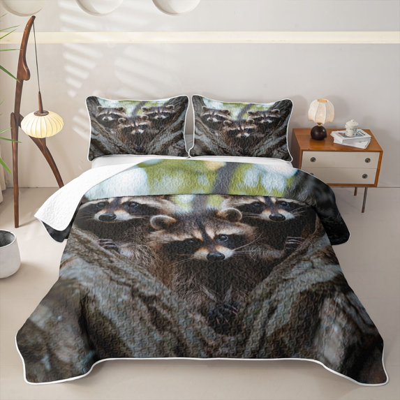 Castle Fairy Wildlife Raccoon Twin Quilt Set,Rough Tree Hollow Twin Coverlet Set,Brown Gray Green