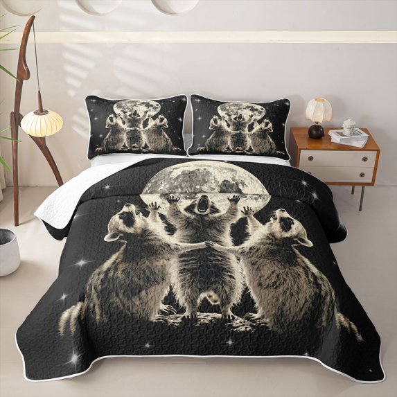 Castle Fairy Wildlife Raccoons Quilt Full,Moon Stars Print Full Bedspread Sets,Black Cream White