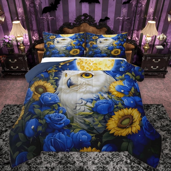 Castle Fairy Wildlife White Owl Bedding Comforter Set 2pcs for Female Men Women,Chic Floral Sunflower Rose Twin Comforter Sets Microfiber,Blue Yellow Breathable Bedding Set,Lightweight Room Decor
