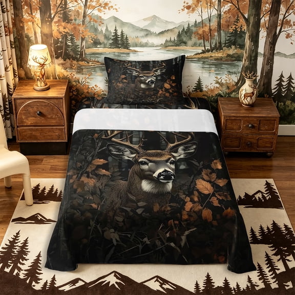 Castle Fairy Wildlife Whitetail Deer Twin Size Sheets 3pcs for Teens,Dark Autumn Leaf Forest Bedding,Brown Black Orange,1 Fitted Sheet,1 Flat Sheet and 1 Pillowcase