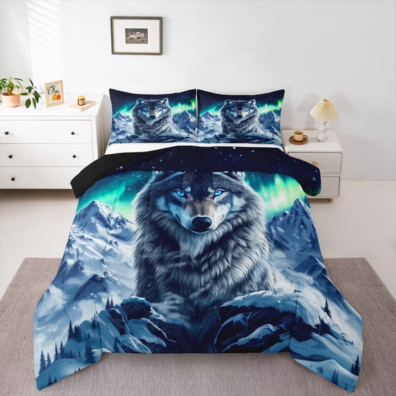 Castle Fairy Wildlife Wolf 2Pcs Bedding Comforter Set for Boys Men Teens,Abstract Gradient Twin Comforter Sets,Arctic Aurora Breathable Bedding Set,Microfiber Bedroom Decor