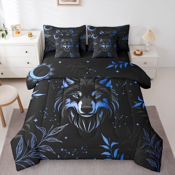 Castle Fairy Wildlife Wolf 7 Pieces Bedding Comforter Set,Starry Sky Full Bedding Set Lightweight,Black Blue Fitted Sheet Flat Sheet,Breathable Botanical Home Decor,Reversible
