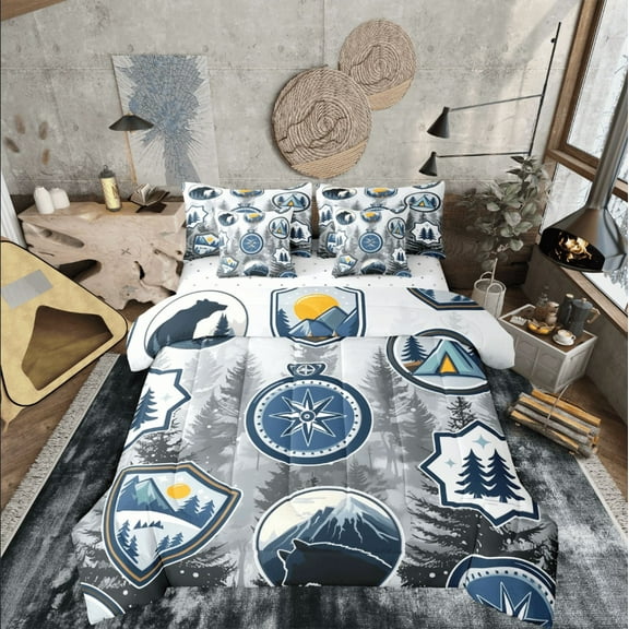 Castle Fairy Wildlife Wolf 7pcs Bedding Comforter Set for Kids,Happy Camping Queen Bedding Sets Super Cozy,Smoky Jungle Queen Sheet Sets,Super Cozy Room Decor