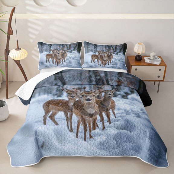 Castle Fairy Winter Deer Bed Spread Queen,Snowy Woodland Queen Coverlet Set,White Brown Gray