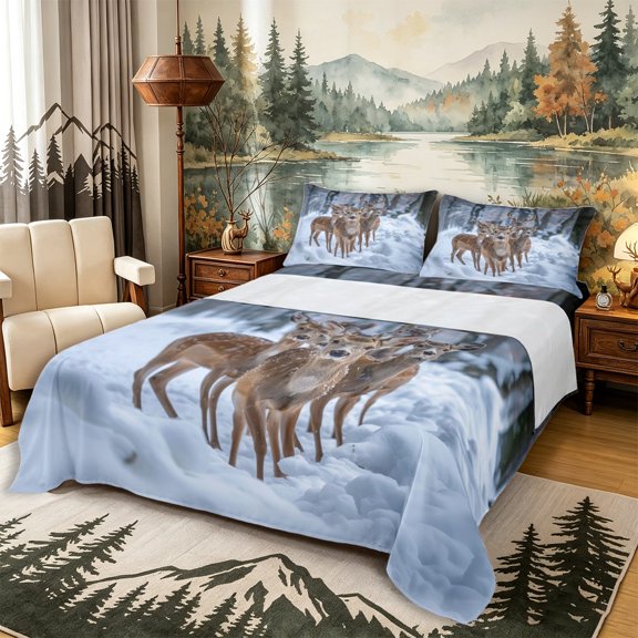 Castle Fairy Winter Deer Queen Sheets 4 Pieces,Snowy Woodland Queen Sheet Sets,White Brown Gray,1 Fitted Sheet, 1 Flat Sheet and 2 Pillowcases