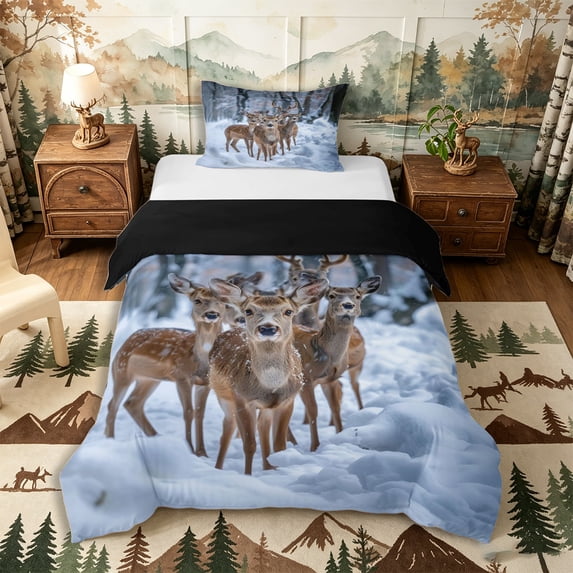 Castle Fairy Winter Deer Twin Duvet Cover,Snowy Woodland Twin Bedding,White Brown Gray,Black Reversible,2pcs,No Comforter,1 Duvet Cover and 1 Pillowcase