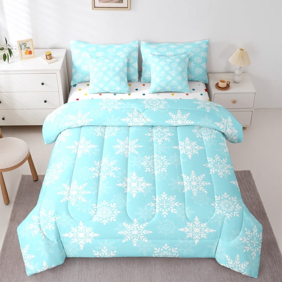 Castle Fairy Winter Snowflakes Bedding Comforter Set 7 Pieces for Kids Children,Merry Christmas Full Bedding Set Lightweight,Happy Xmas Fitted Sheet Flat Sheet,Microfiber Bedroom Decor,Reversible