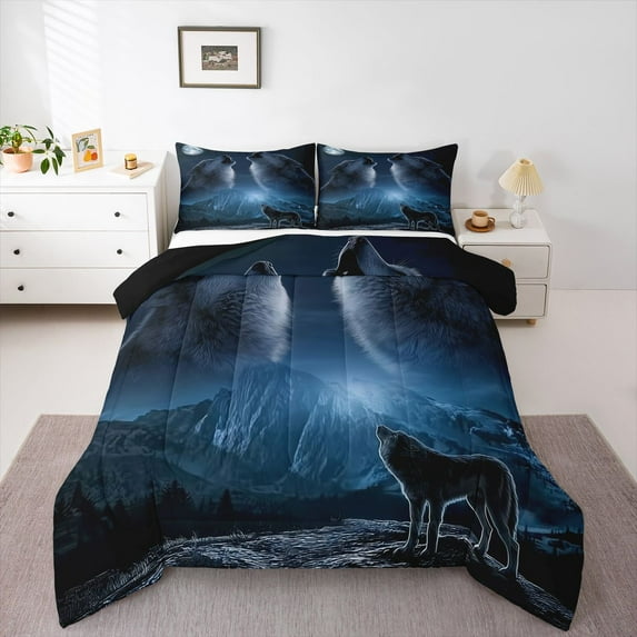 Castle Fairy Wolves Wildlife Queen Comforter Set,Moutain Animal Bedding Comforter Set