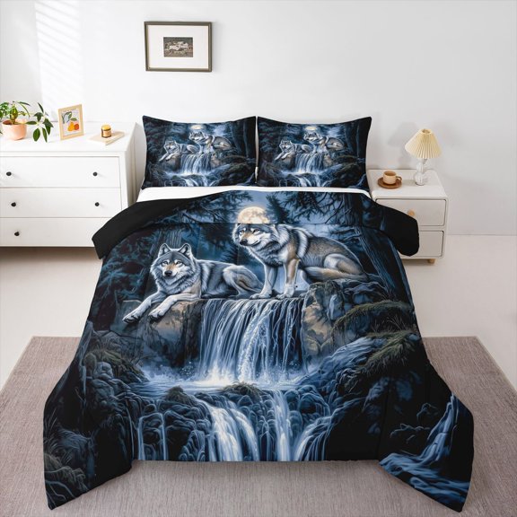 Castle Fairy Wolves Wildlife Queen Comforter Set,Moutain Woodland Bedding Comforter Set