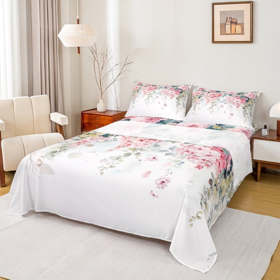 Castle Fairy Women Girls Teens Spring Graden 3Pcs Twin Sheet Sets,Pink Flower Butterfly Twin Fitted Sheet,Botanical Plants Breathable Flat Sheet,Ultra Soft Home Decor