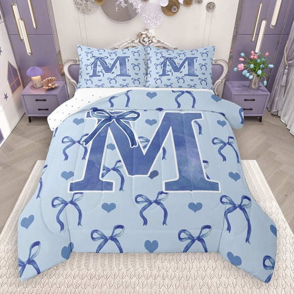 Castle Fairy 2-Piece Twin Initial M Kawaii Blue Bow Comforter Set