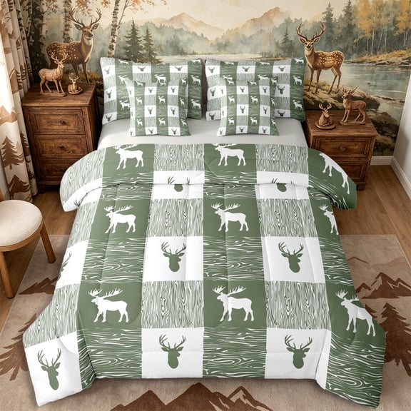 Castle Fairy Wood Grain Moose 7-Piece Twin Bedding,Geometric Plaid Bedding Comforter Set,Sage Off White,Grey Reversible