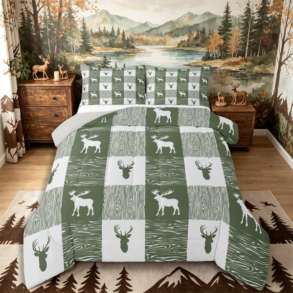 Castle Fairy Wood Grain Moose Queen Comforter Set 3 Pieces,Geometric Plaid Comforter Sets Queen,Sage Off White,Grey Reversible,1 Comforter and 2 Pillowcases