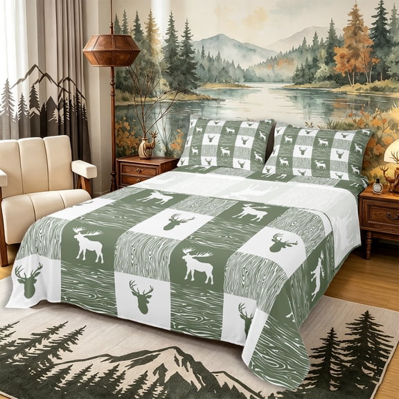 Castle Fairy Wood Grain Moose Queen Sheets 4 Pieces,Geometric Plaid Queen Sheet Sets,Sage Off White,1 Fitted Sheet, 1 Flat Sheet and 2 Pillowcases