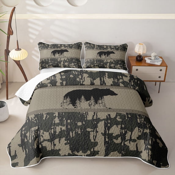 Castle Fairy Woodland Animal Bear Quilt King,Rustic Branches Camouflage King Coverlet Set,Dark Gray
