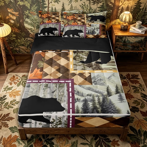 Castle Fairy Woodland Animal Bear Zipper Twin Comforter Sets with Fitted Sheet and 2 Pillowcases,Jungle Leaves Retro Checkered Zipper Bedding Set,Brown Orange Cream,Black Reversible,4-Piece
