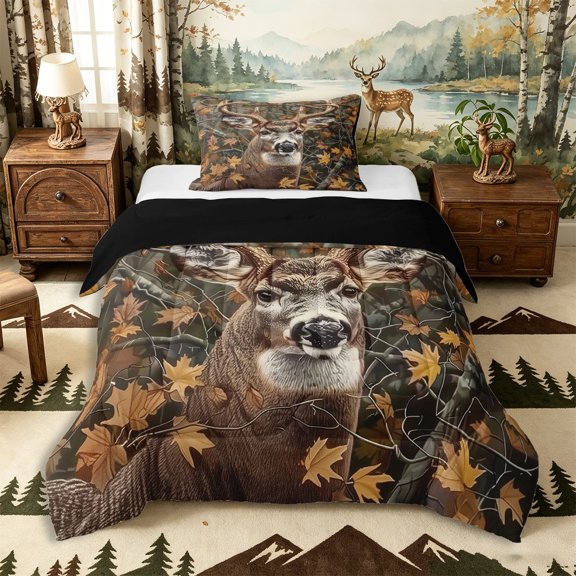 Castle Fairy Woodland Autumn Deer Twin Comforter Sets 2pcs,Jungle Thick Maple Twig Bedding Set,Ochre Brown Black,Black Reversible,1 Comforter and 1 Pillowcase