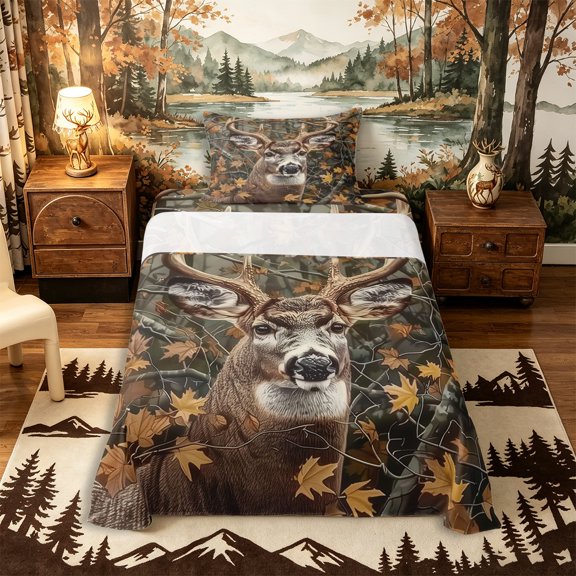 Castle Fairy Woodland Autumn Deer Twin Sheets 3pcs,Jungle Thick Maple Twig Bedding,Ochre Brown Black,1 Fitted Sheet, 1 Flat Sheet and 1 Pillowcase