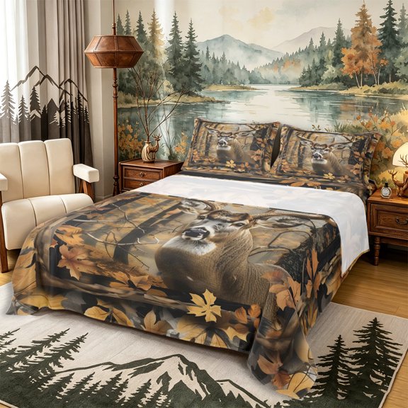 Castle Fairy Woodland Deer Queen Sheets 4 Pieces,Rustic Leaves Branches Queen Sheet Sets,Brown Gray Orange,1 Fitted Sheet, 1 Flat Sheet and 2 Pillowcases