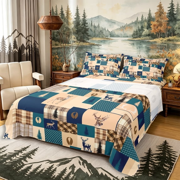 Castle Fairy Woodland Deer Queen Sheets 4 Pieces,Rustic Plaid Patchwork Queen Sheet Sets,Navy Cream Brown,1 Fitted Sheet, 1 Flat Sheet and 2 Pillowcases