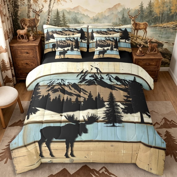 Castle Fairy Woodland Moose Queen Bedding 7pcs,Vintage Rustic Cabin Bedding Comforter Set Queen,Blue Beige Black,Black Reversible