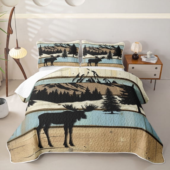 Castle Fairy Woodland Moose Quilt Full,Vintage Rustic Cabin Full Bedspread Sets,Blue Beige Black