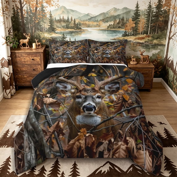 Castle Fairy Woodland Wildlife Deer Queen Comforter Set 3 Pieces for Boys,Jungle Vintage Autumn Leaves Branches Comforter Sets Queen,Taupe Brown Cream,Black Reversible,1 Comforter and 2 Pillowcases