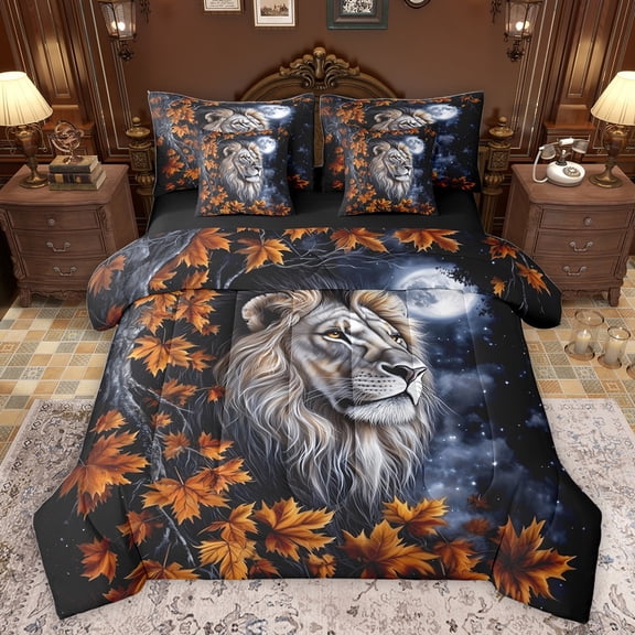 Castle Fairy Woodland Wildlife Lion Twin Bedding Sets 7-Piece for Teens Adults,Starry Sky Bedding Comforter Set Microfiber,Maple Leaves Breathable Sheet Sets,Ultra Soft Home Decor,Reversible