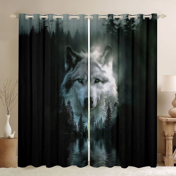Castle Fairy Woodland Wildlife Wolf Blackout Curtains Set of 2 (52x84 Each) for Teens Adults,Black Grey Window Curtains,Jungle Animal Curtains and Drapes,Ultra Soft Home Decor