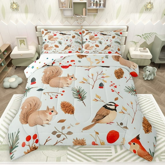 Castle Fairy Xmas Animal Squirrel Cardinal Bird Bedding Comforter Set 2pcs for Kids Children Teens,Retro Vintage Aesthetic Twin Comforter Sets Microfiber,Merry Christmas Breathable Bedding Set