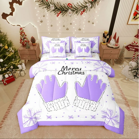 Castle Fairy Xmas Gloves 7-Piece Twin Bedding Sets for Child,Winter Snowflakes Bedding Comforter Set,Merry Christmas Breathable Sheet Sets,Microfiber Bedroom Decor