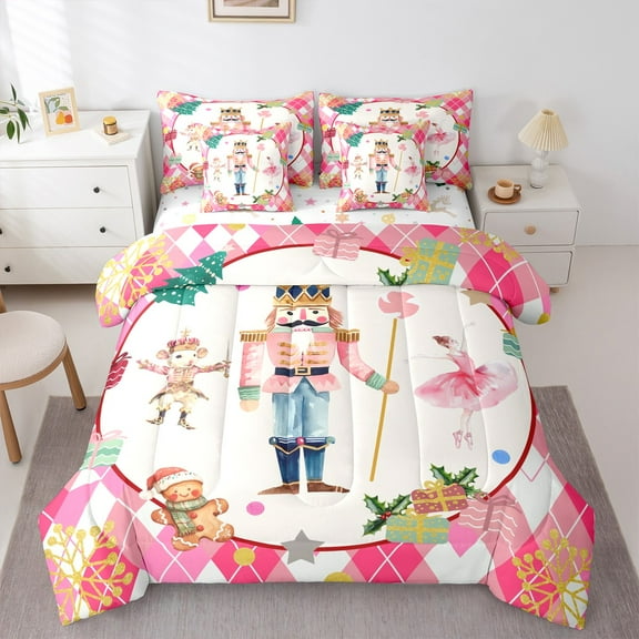 Castle Fairy Xmas Nutcracker 7-Piece Bedding Comforter Set,Geometric Plaid King Bedding Sets,Dance Ballet Ultra Soft Bed Sheets,Ultra Soft Merry Christmas Home Decor,Reversible