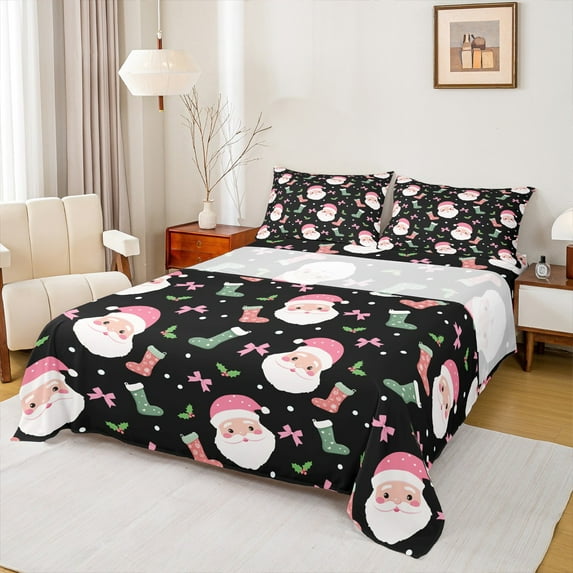 Castle Fairy Xmas Santa Claus 4pcs Bed Sheets for Children Teens,Merry Christmas King Sheets,Kawaii Pink Bowknot Super Cozy Sheet Set,Microfiber Bedroom Decor