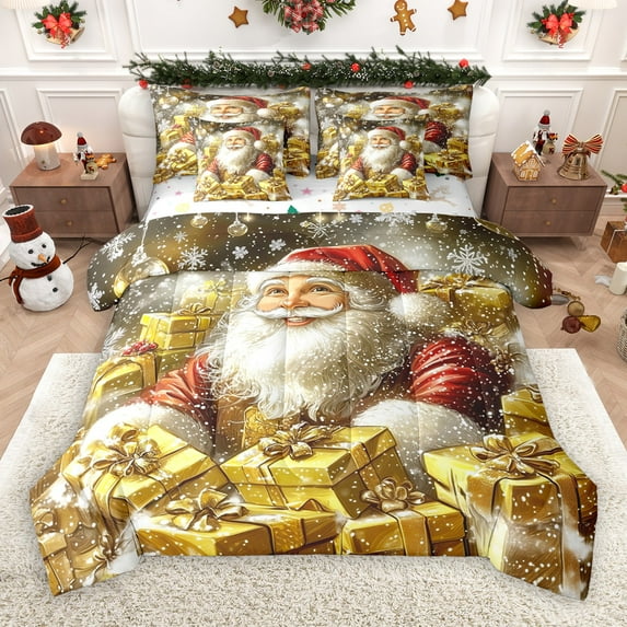 Castle Fairy Xmas Santa Claus 7 Pieces Bedding Comforter Set for Teens Girls Boys,Happy New Year Full Bedding Set Lightweight,Merry Christmas Fitted Sheet Flat Sheet,Luxury Bedroom Decor