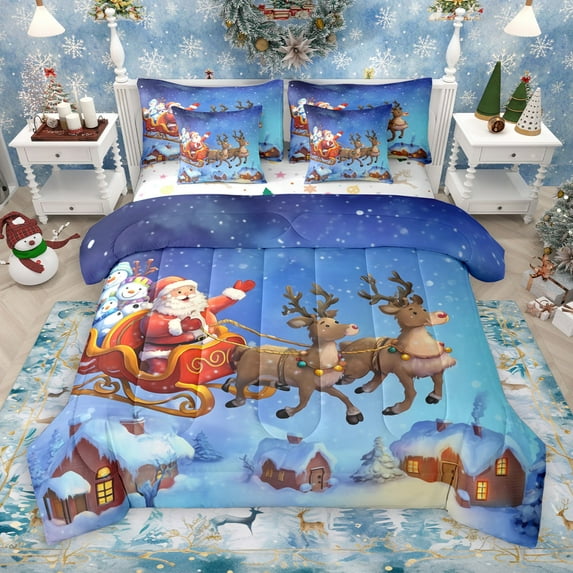 Castle Fairy Xmas Santa Claus Deer 7-Piece Twin Bedding Sets for Kids Children Boys Girls,Happy New Year Bedding Comforter Set,Merry Christmas Breathable Sheet Sets,Luxury Bedroom Decor