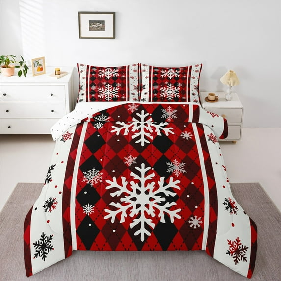 Castle Fairy Xmas Snowflake 3 Pieces Queen Comforter Set for Teens Boys Girls,Geometric Plaid Grid Ultra Soft Bedding Sets,Merry Christmas Bedding Comforter Set,Ultra Soft Home Decor