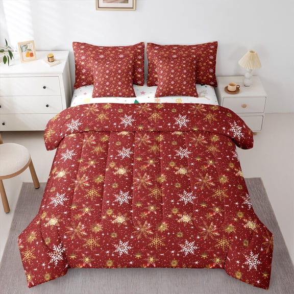 Castle Fairy Xmas Snowflakes Bedding Comforter Set 7pcs for Boys Girls,Red Golden Queen Bedding Sets Super Cozy,Merry Christmas Queen Sheet Sets,Breathable Home Decor,Reversible