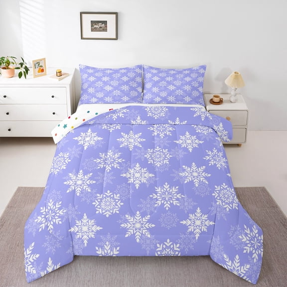 Castle Fairy Xmas Snowflakes Full Size Comforter Sets 3-Piece for Boys Girls,Purple White Bedding Comforter Set,Merry Christmas Lightweight Bedding Sets,Breathable Home Decor,Reversible